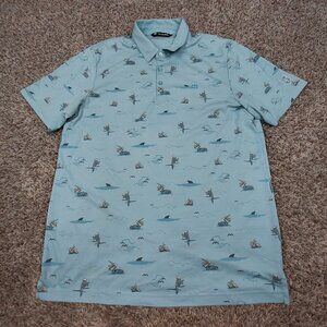 Travis Mathew Golf Polo Shirt Mens XL Light Blue Party Parrot Pelican Sharks